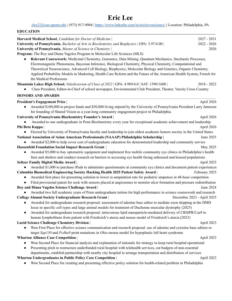 First page of Eric Lee’s CV: education, honors and awards
