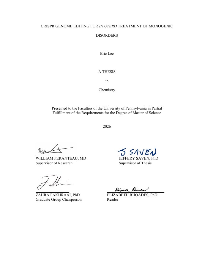 Title page of the thesis, CRISPR Genome Editing for In Utero Treatment of Monogenic Disorders