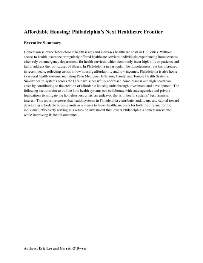 First page of the white paper, Affordable Housing: Philadelphia’s Next Healthcare Frontier